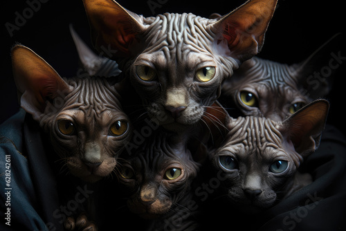 multiple little sphynx-kitten packed together in the dark, stare at viewer, photography awards winning, mysterious look, moon light, ai generated.