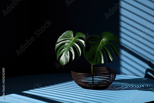 Green plant in concrete pot with decorative shadows on a green wall and table surface in home interior generative ai
