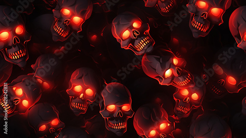 a pile of skulls with glowing red eyes, a skull abstract background, Halloween background photo