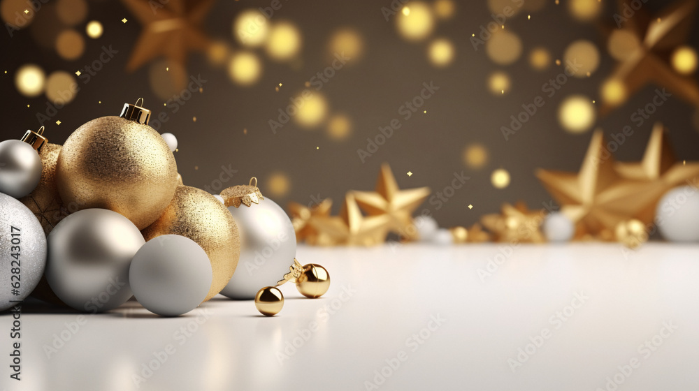 Fototapeta premium Beautifully Decorated Christmas Table with an Abundance of Colorful Balls and Shimmering Gold Stars, Generative AI