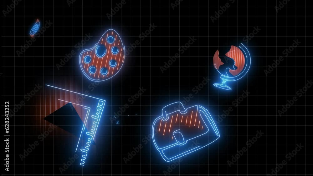 Neon Glowing Lines Icons With Students Theme Black Background With Neon glowing lines icons with students theme black background with
