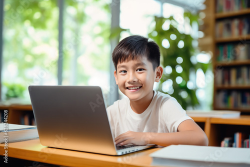 9 years old boy studying on the laptop