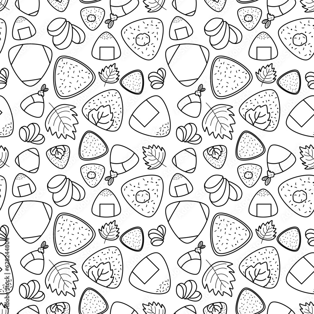 doodle line Various types of Onigiri with pickled ginger and green ...