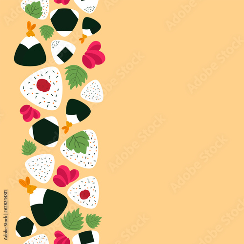 vertical colorful Various types of Onigiri with pickled ginger and green Shiso concept seamless pattern on white background. abstract vector illustration.