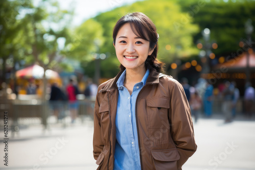 A Chinese woman smiling with short brown hair, blurry background © Florian