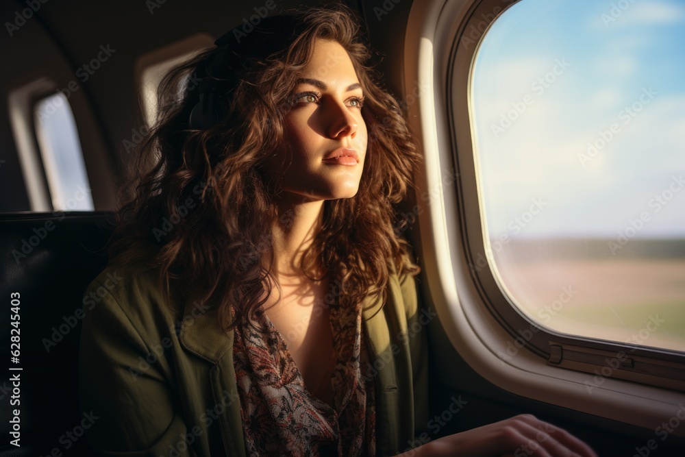 a beautiful american caucasian white brunette female model flying in airplane and looking out of the window porthole. plane passenger sitting on seat. first class flying. Generative AI