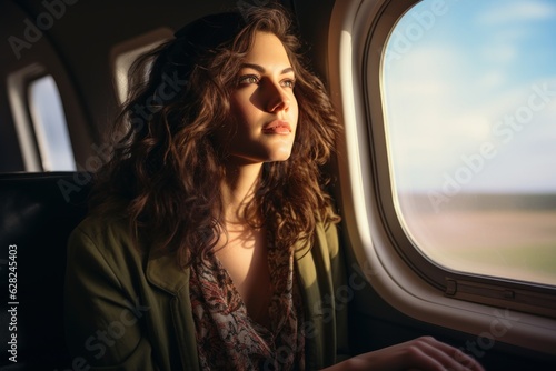 a beautiful american caucasian white brunette female model flying in airplane and looking out of the window porthole. plane passenger sitting on seat. first class flying. Generative AI © SayLi