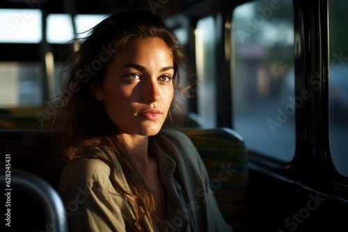 a close-up face beautiful white american model passenger woman driving a public transport bus tram on the street. people in the background. sitting on a seat. driving to bus station. Generative AI