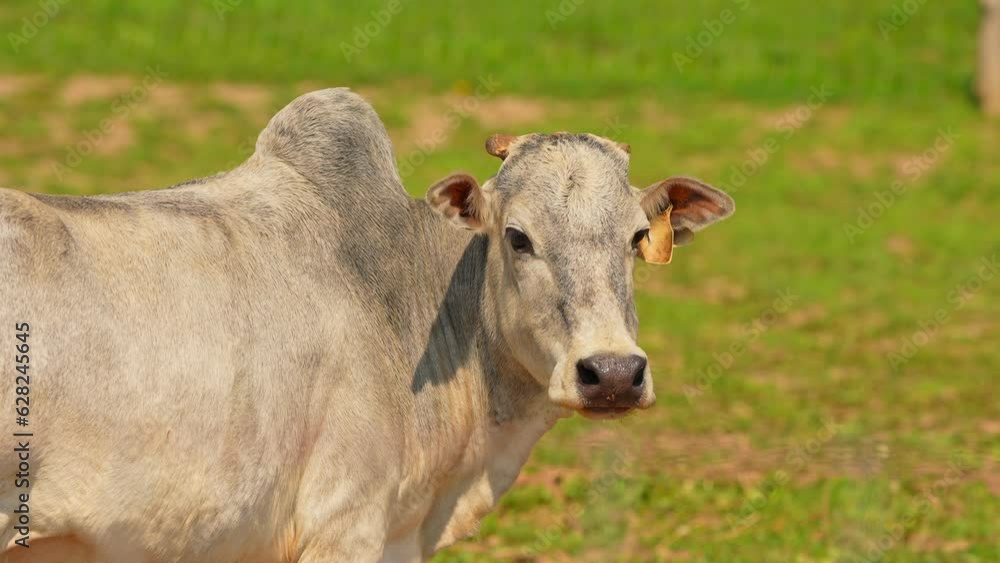 Cow Zebu domestic cattle at the farm during hot summer. Feeding animals ranch attraction for tourists, summer leisure and entertainment. Slow motion. Cow Zebu domestic cattle at the farm during hot summer. Feeding animals ranch attraction for tourists, summer leisure and entertainment. Slow motion.