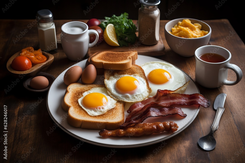 Illustration of a delicious and hearty breakfast plate with eggs, bacon, toast, and various breakfast foods, created using generative AI