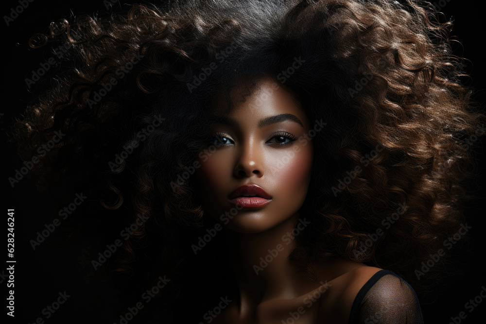 A black woman has long afro hair and poses