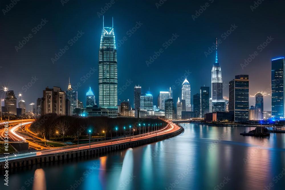 City skyline at night landscape. Ai generative