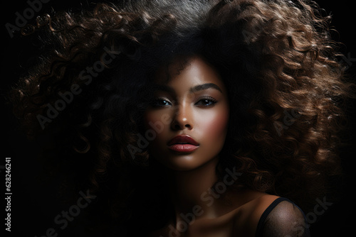 A black woman has long afro hair and poses