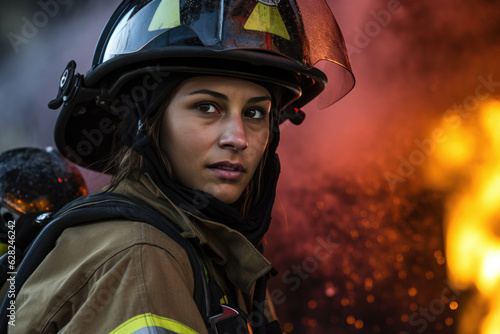 A firefighter putting out a fire her determination clear in her eyes © Florian