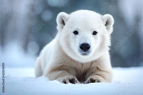 Cute polar bear cub playing in the snow. Ai generative