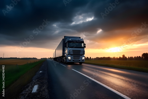 truck driving on the asphalt road in rural landscape at sunset with dark clouds