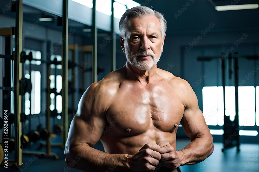 A old man with a beard stands in a gym with a large white beard. A old man with a beard stands in a gym with a large white beard.