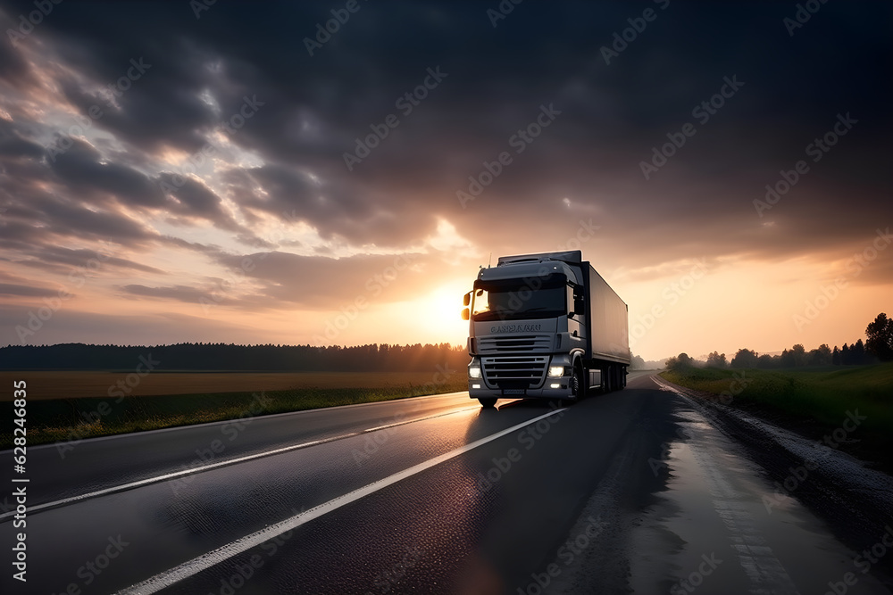 truck driving on the asphalt road in rural landscape at sunset with dark clouds