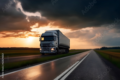 truck driving on the asphalt road in rural landscape at sunset with dark clouds © VIX