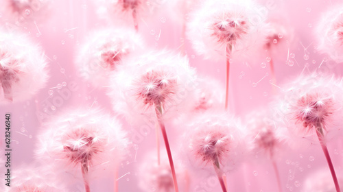 Abstract background of pink dandelion flowers in style of Barbie pink. Generative Ai content.