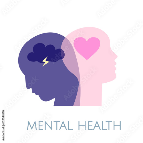 Mental health concept. Depression and good mood depicted as silhouettes of 2 heads