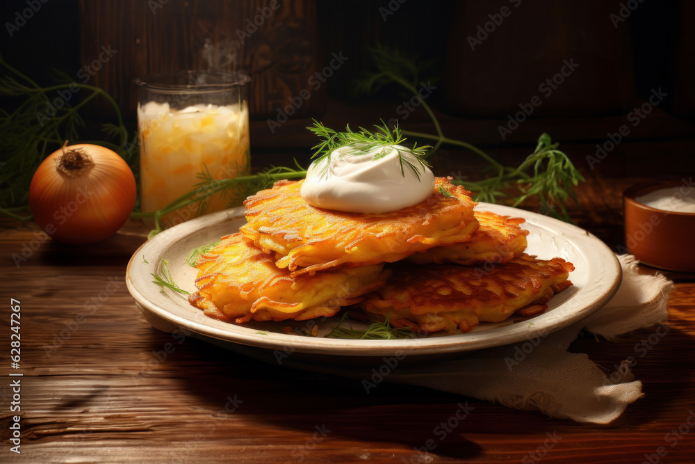 Generated photorealistic image of potato pancakes with sour cream and herbs Generated photorealistic image of potato pancakes with sour cream and herbs