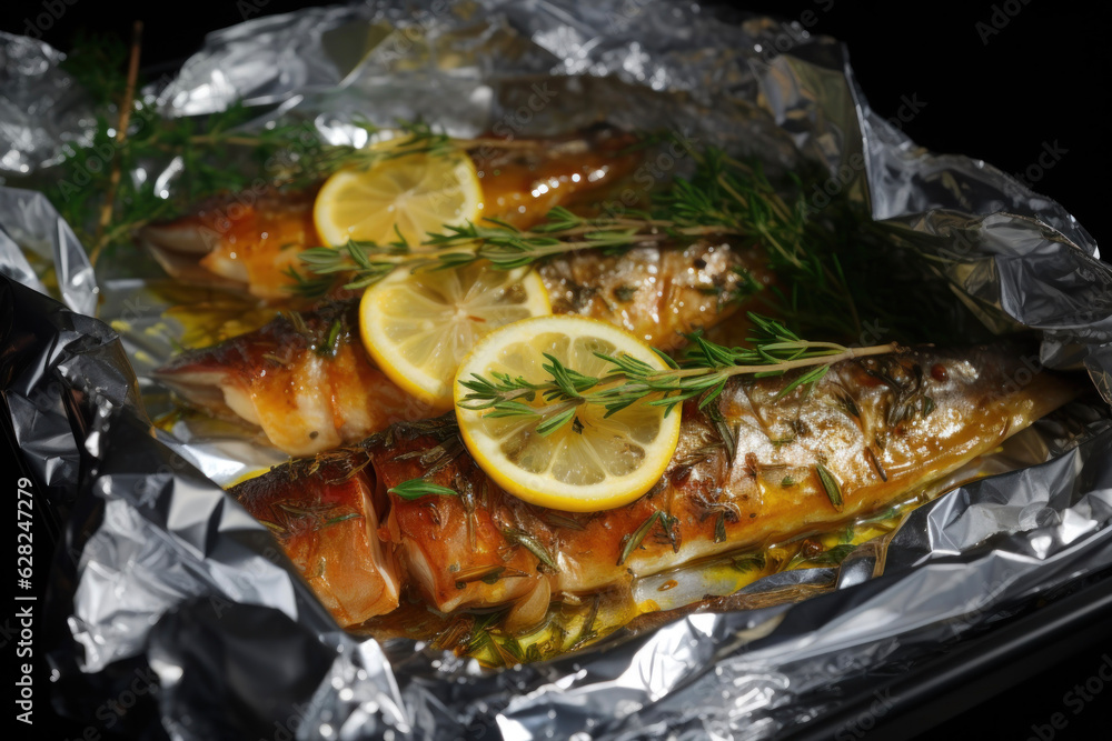 Generated photorealistic rendering of foil-baked fish with rosemary and lemon