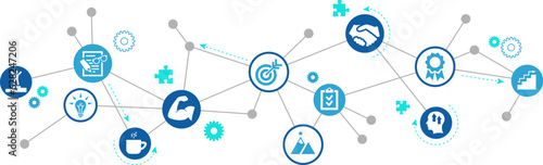 Motivation vector illustration. Blue concept with icons related to goals, ambition & improvement / optimism, positive attitude & development, optimism & determination, strength & effort, performance.