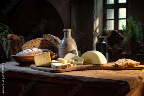 Generated photorealistic image of a rustic room with a table with food