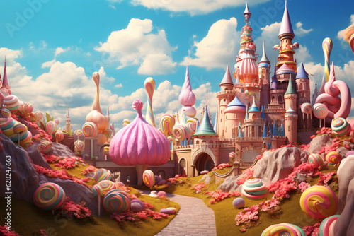 Enchanting Giraffe Castle with Candy Land in the Background: A Captivating Generative AI Masterpiece