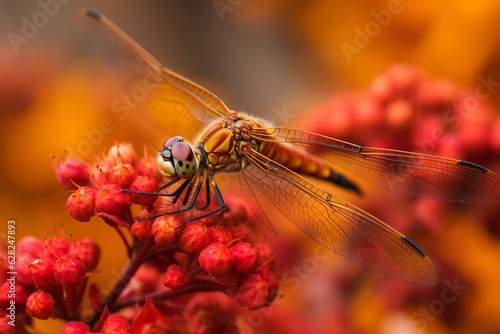 Illustration of a close-up of a dragonfly perched on a vibrant flower, created using generative AI © Marius