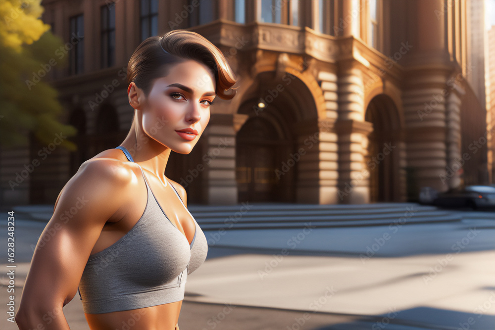 A beautiful brunette with short hair, ripped hair and gym clothes on the streets of New York. Generative AI_6.