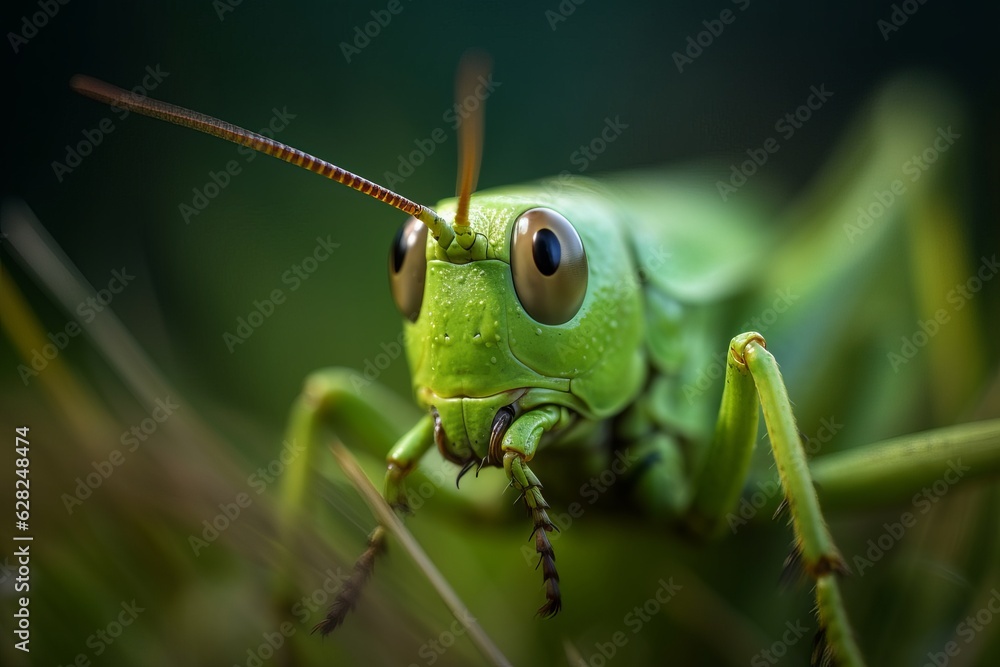 Illustration of a close-up of a grasshopper looking directly at the camera, created using generative AI Illustration of a close-up of a grasshopper looking directly at the camera, created using generative AI