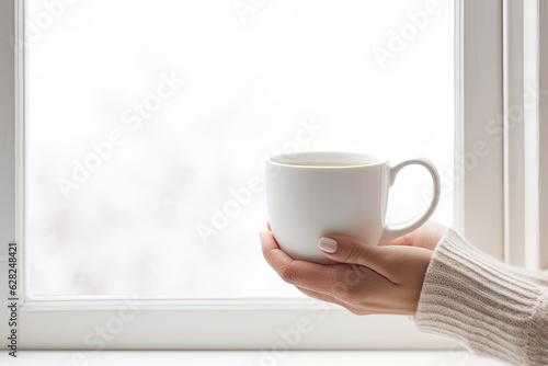 Close up of a woman holding a cup of coffee with a brightly lit window in the background