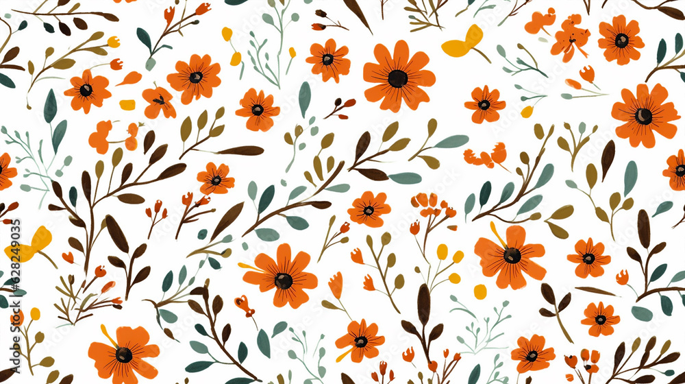Seamless flowers and leaves pattern with white background. Generative AI. Seamless flowers and leaves pattern with white background. Generative AI.