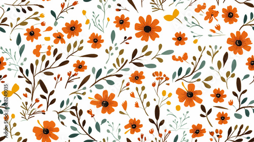 Seamless flowers and leaves pattern with white background. Generative AI.