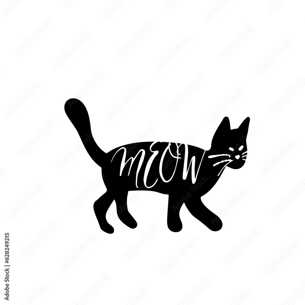 Black cat illustration with Meow text isolated on white background