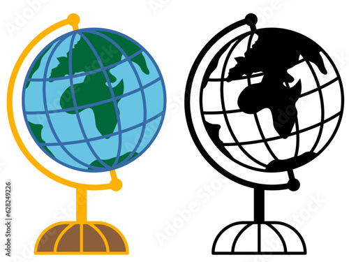 World Globe Map with Swivel Stand vector illustration ,  Educational and Decorative Globe , World globe model colored and black and white stock vector image