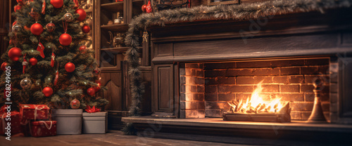 Cozy Holiday Vibes  Festive Fireplace with Christmas Tree and Presents  Generative AI