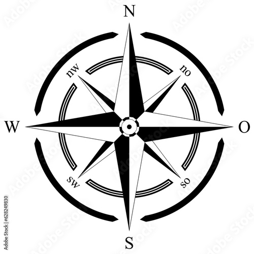 Kompass Rose Vektor mit acht Richtungen und deutscher Osten Bezeichnung. Isolierter Hintergrund.
Symbol f√ºr Marine-, Seefahrt - oder Trekking-Navigation oder zur Verwendung in eine Landkarte.