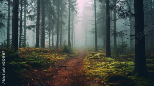 Fototapeta Naklejka Na Ścianę i Meble -  Misty morning in the forest among trees. Generative AI.