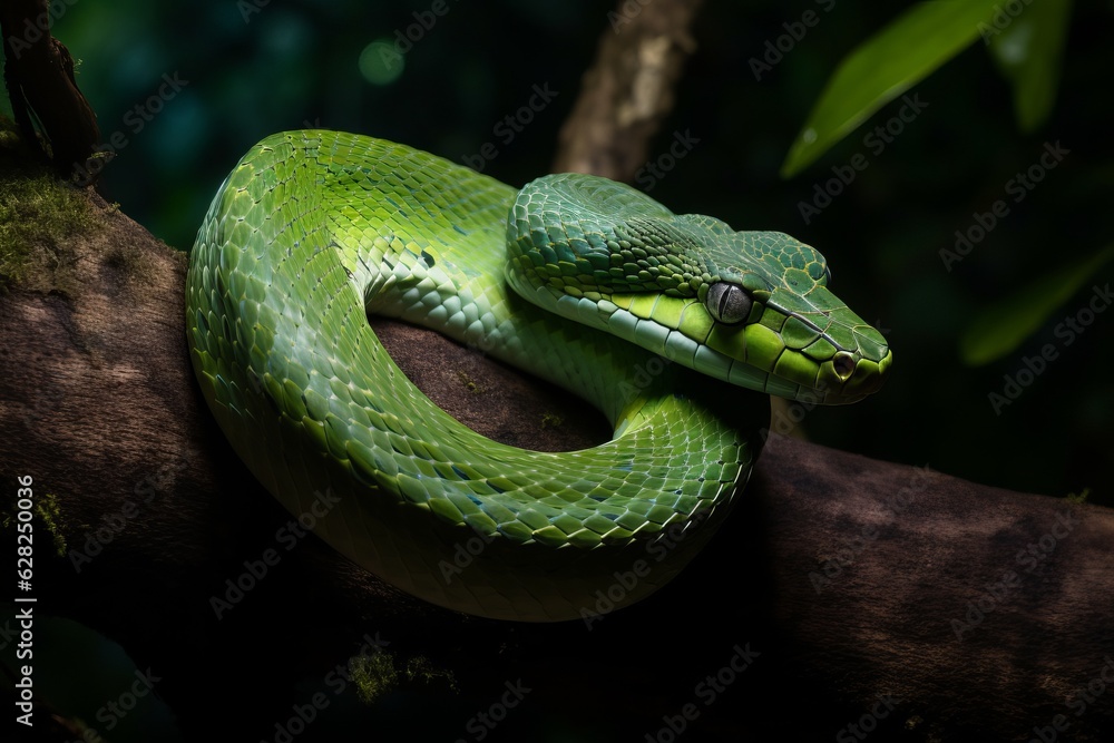 Illustration of a green snake curled up on a branch, created using generative AI Illustration of a green snake curled up on a branch, created using generative AI