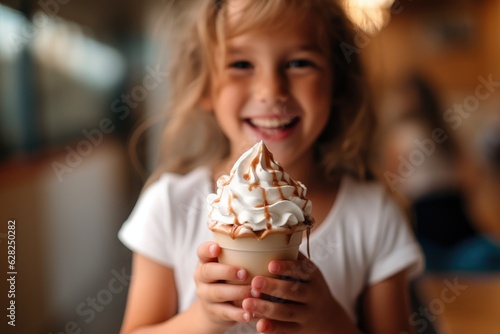 Smiling  happy  laughing  Little girl wearing white t-shirt  holding a sundae in her hand