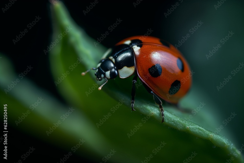 Fototapeta premium Illustration of a ladybug perched on a vibrant green leaf, created using generative AI