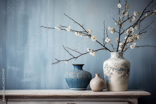 Textured dusty blue wall background. Empty table with vintage vase. Wall scene mockup product for showcase. French country interior. photo