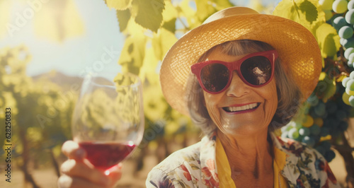 Lifestyle portrait of elderly woman wearing sunglasses and sun hat tasting red wine in vineyard