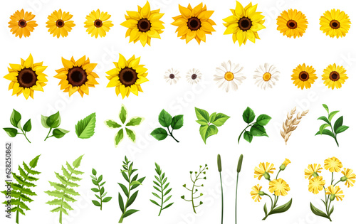 Set of yellow and orange sunflowers, white daisy flowers, dandelion flowers, gerbera flowers, and green leaves and grasses isolated on a white background. Vector illustration