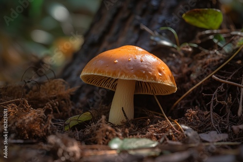 Illustration of a close-up view of a vibrant mushroom on the forest floor created using generative AI