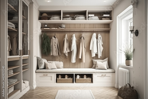 Cloakroom interior with clothes in white color © Roman