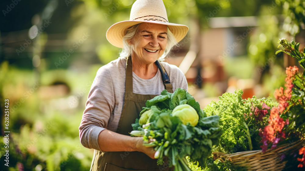 Elderly senior woman gardener with a basket of fresh vegetables in the backyard